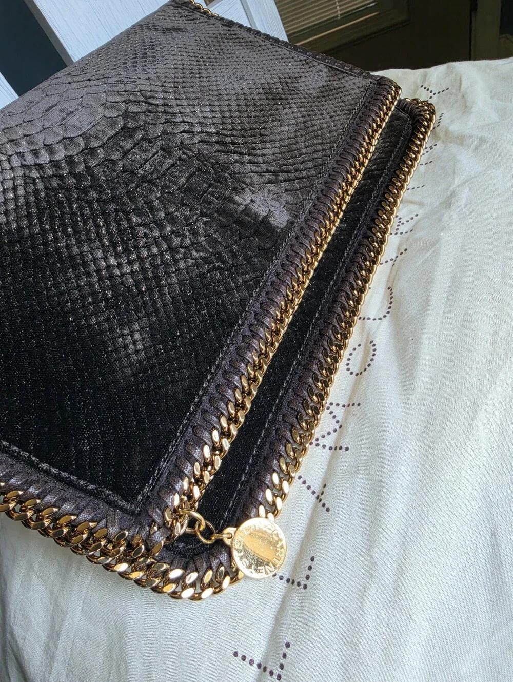 Stella McCartney Black Faux-Snake Foldover Chain Clutch with Gold Trim